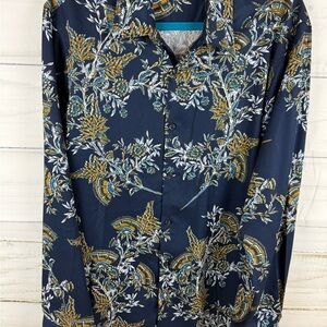 Perry Ellis Blue and Gold Floral Casual Button Down Shirt